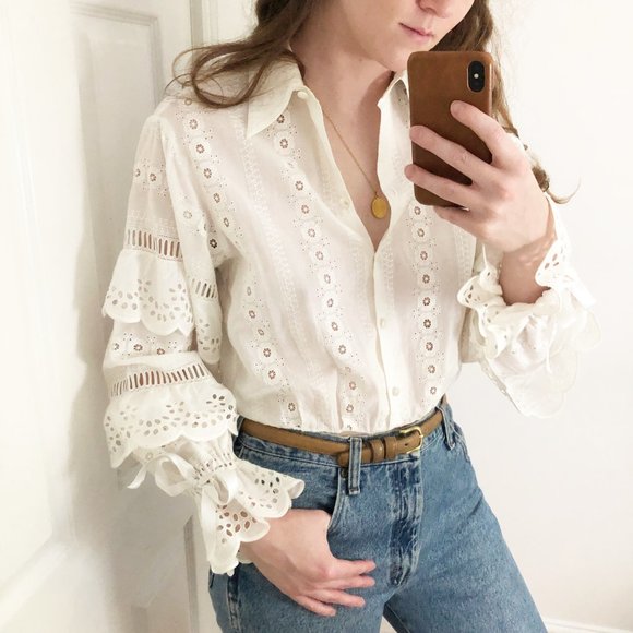 Vintage Boho Cottagecore Eyelet Lace Ruffle Blouse